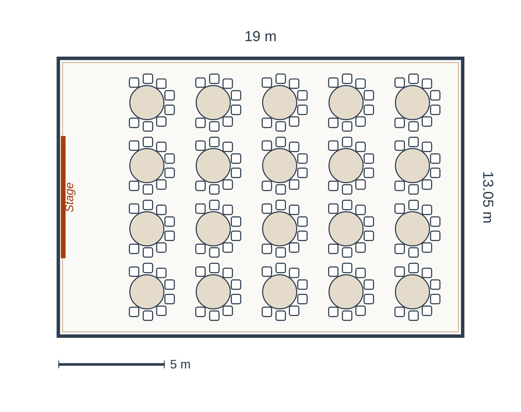 A to-scale seating plan of the Woodlands Suite set cabaret style for 160 guests